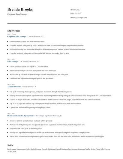 Corporate Sales Manager Resume