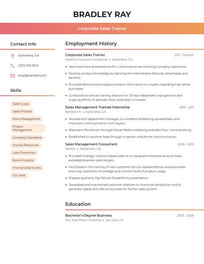 Corporate Sales Trainer Resume
