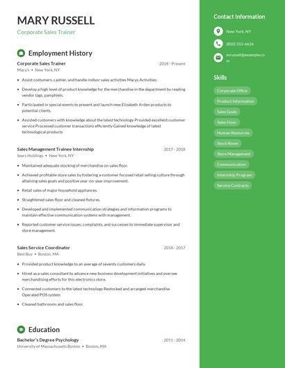 Corporate Sales Trainer Resume