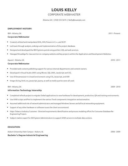 Corporate Webmaster Resume