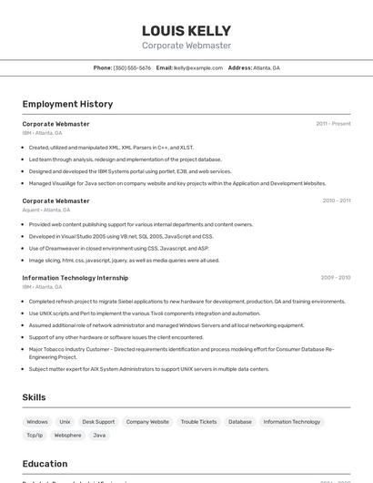 Corporate Webmaster Resume