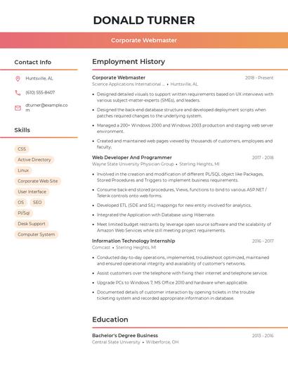 Corporate Webmaster Resume
