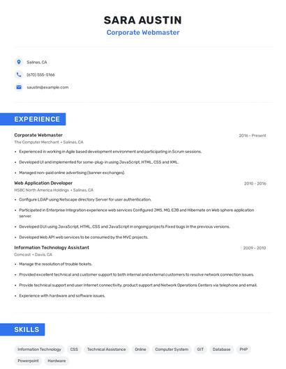 Corporate Webmaster Resume
