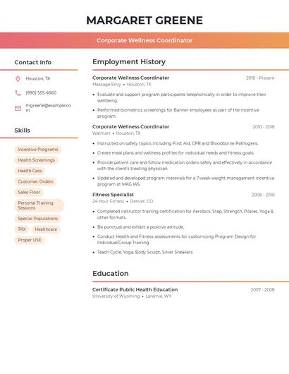 Corporate Wellness Coordinator Resume