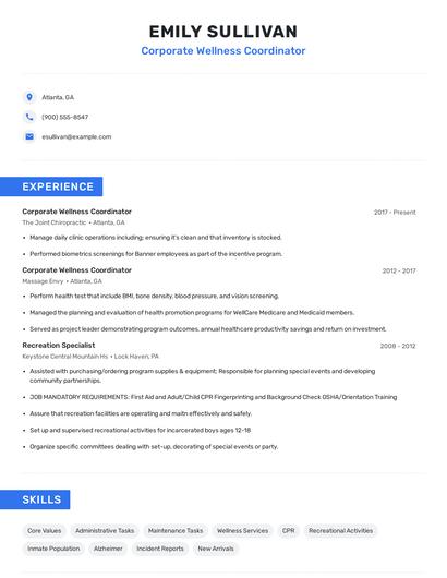 Corporate Wellness Coordinator Resume