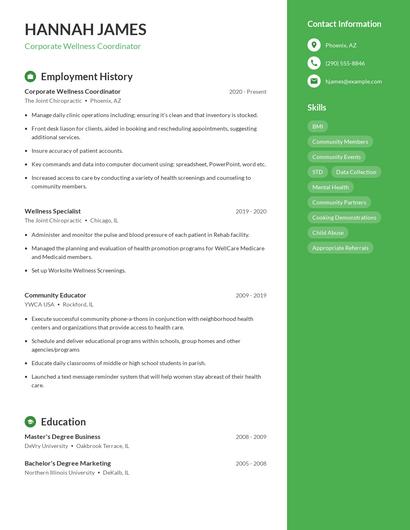 Corporate Wellness Coordinator Resume