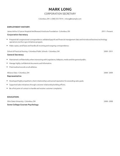 Corporation Secretary Resume