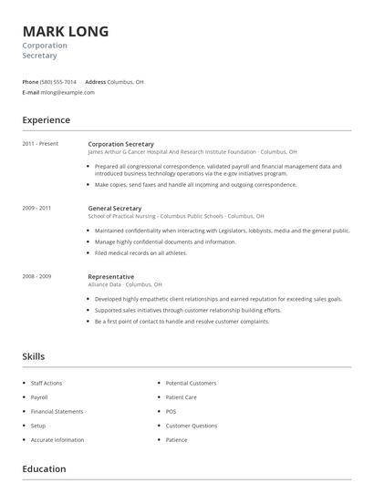 Corporation Secretary Resume