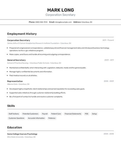 Corporation Secretary Resume