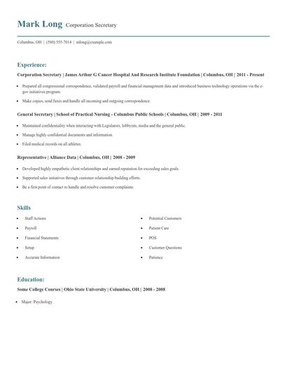 Corporation Secretary Resume