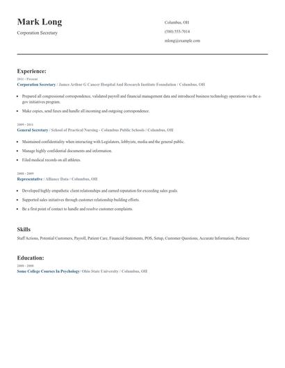 Corporation Secretary Resume