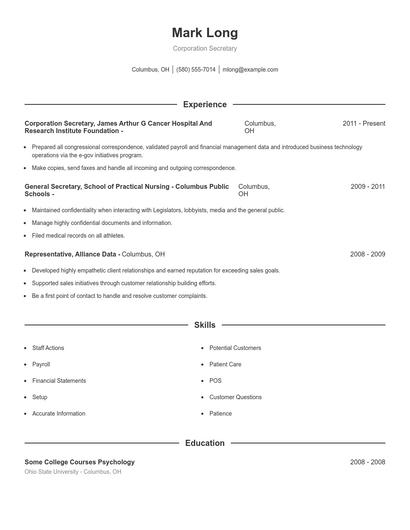 Corporation Secretary Resume