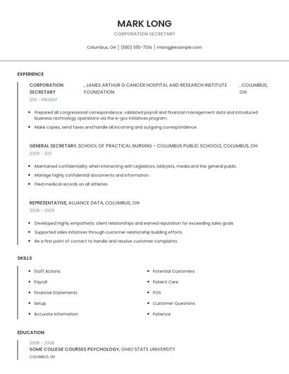 Corporation Secretary Resume