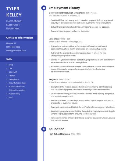 Correctional Supervisor, Lieutenant Resume