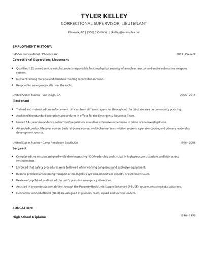 Correctional Supervisor, Lieutenant Resume