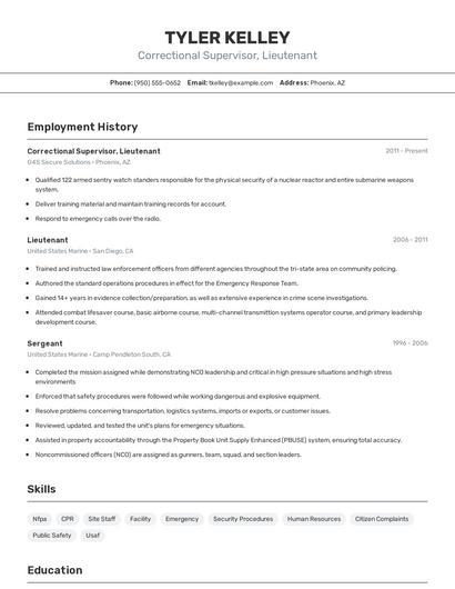 Correctional Supervisor, Lieutenant Resume