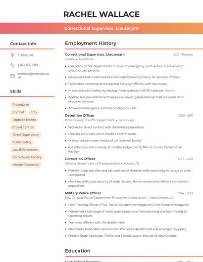 Correctional Supervisor, Lieutenant Resume