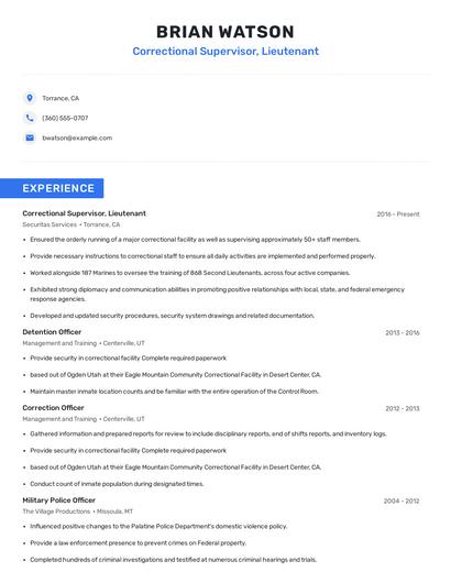 Correctional Supervisor, Lieutenant Resume