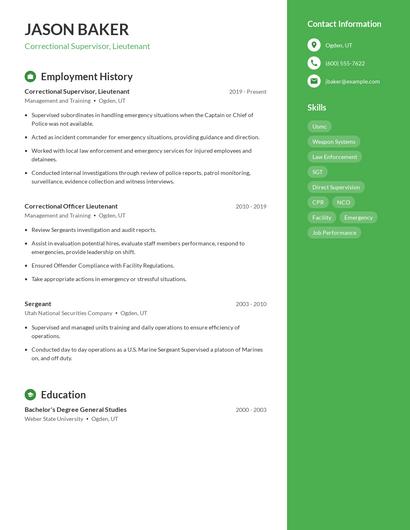Correctional Supervisor, Lieutenant Resume
