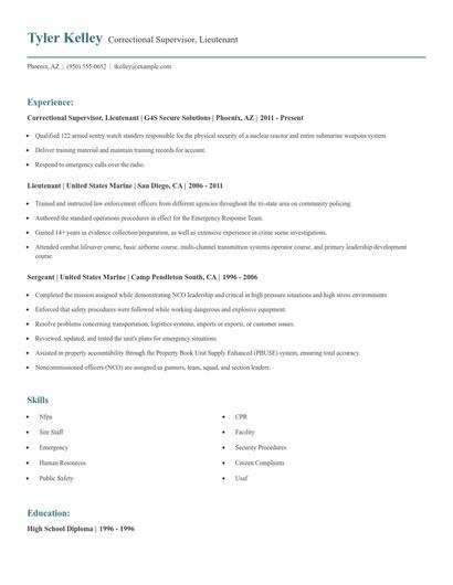 Correctional Supervisor, Lieutenant Resume