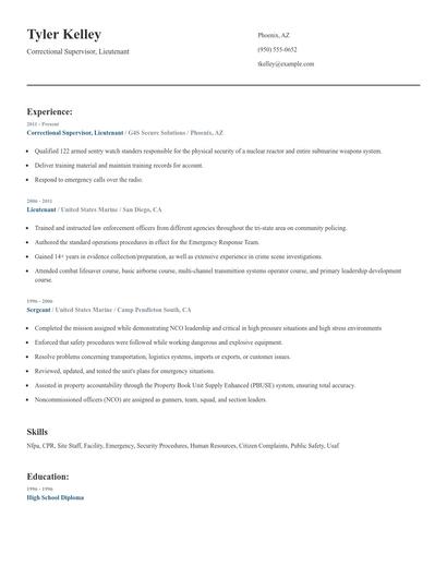 Correctional Supervisor, Lieutenant Resume