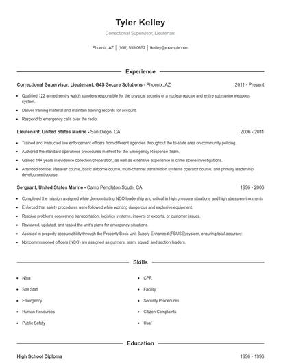 Correctional Supervisor, Lieutenant Resume