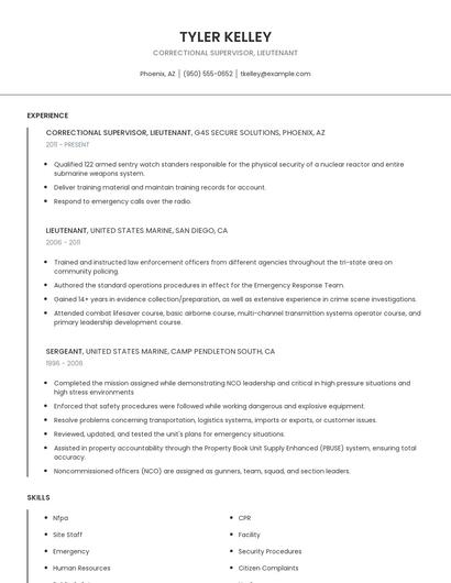 Correctional Supervisor, Lieutenant Resume
