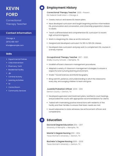 Correctional Therapy Teacher Resume