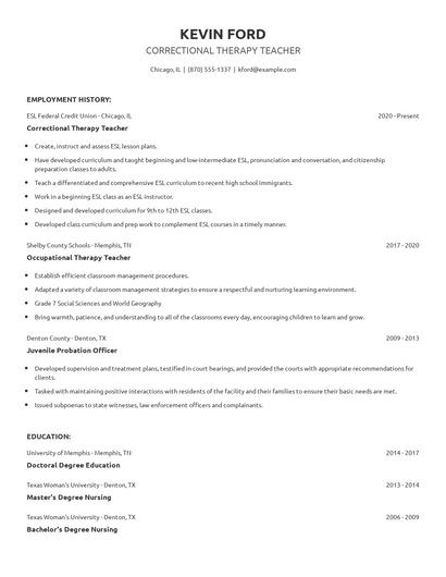 Correctional Therapy Teacher Resume