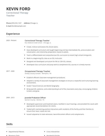 Correctional Therapy Teacher Resume