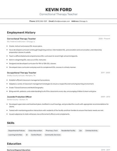Correctional Therapy Teacher Resume