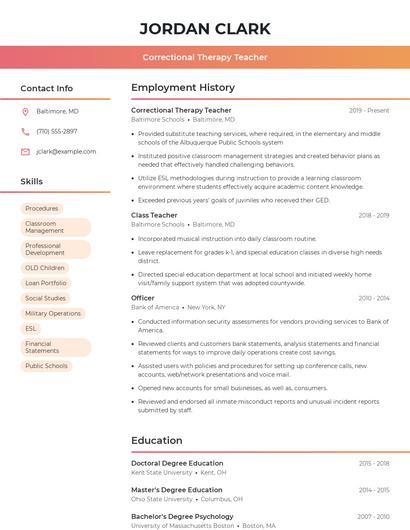 Correctional Therapy Teacher Resume