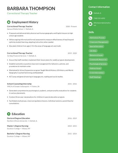 Correctional Therapy Teacher Resume