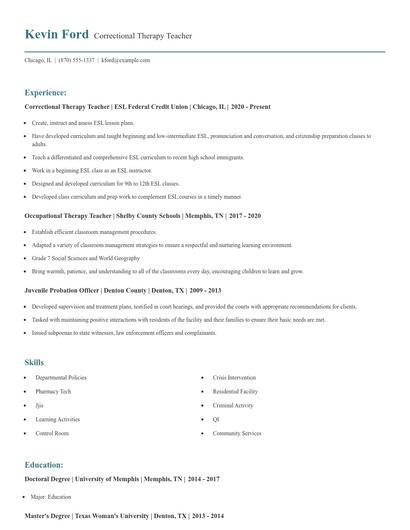 Correctional Therapy Teacher Resume
