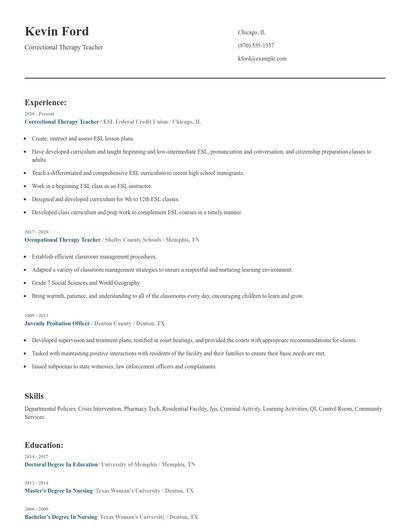 Correctional Therapy Teacher Resume