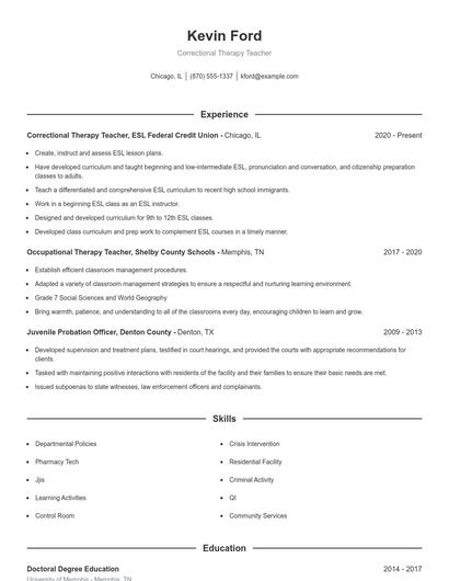 Correctional Therapy Teacher Resume