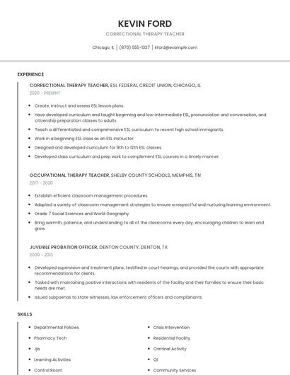 Correctional Therapy Teacher Resume
