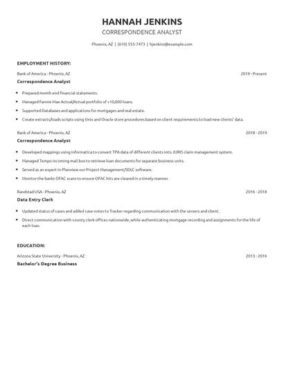 Correspondence Analyst Resume