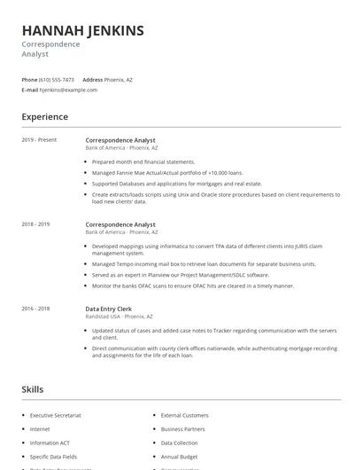 Correspondence Analyst Resume