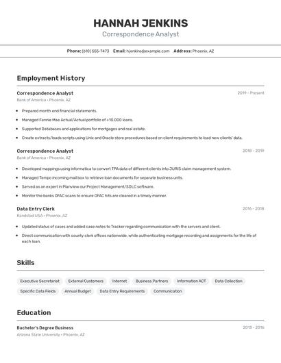 Correspondence Analyst Resume