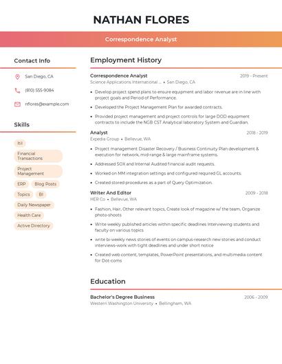 Correspondence Analyst Resume