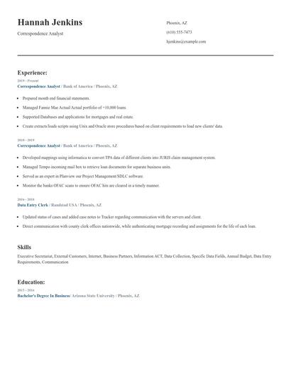 Correspondence Analyst Resume