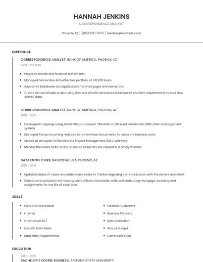 Correspondence Analyst Resume