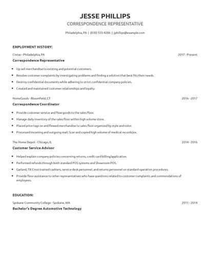 Correspondence Representative Resume