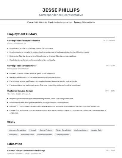 Correspondence Representative Resume