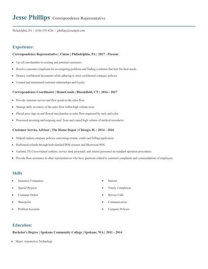 Correspondence Representative Resume