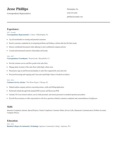 Correspondence Representative Resume