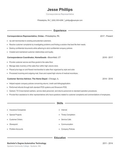 Correspondence Representative Resume