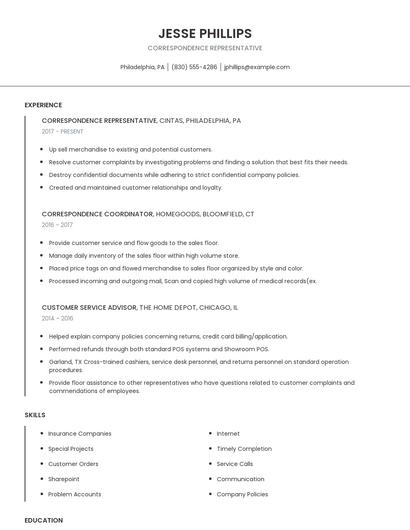Correspondence Representative Resume