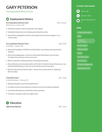Correspondence Review Clerk Resume